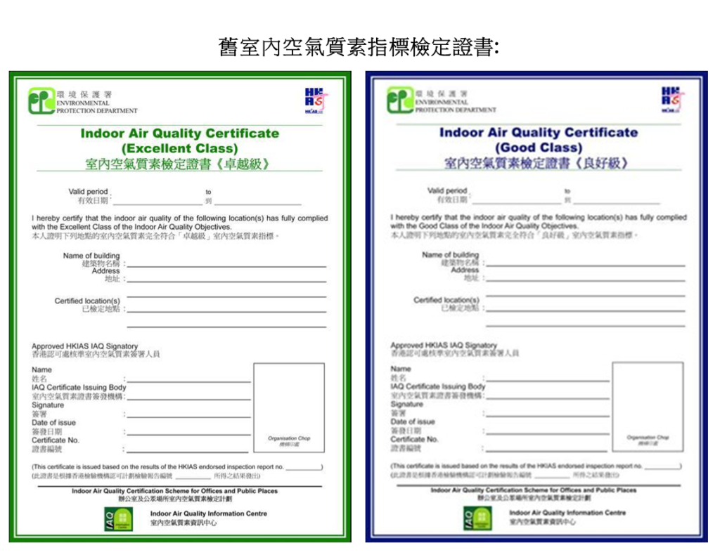 舊室內空氣質素指標檢定證書